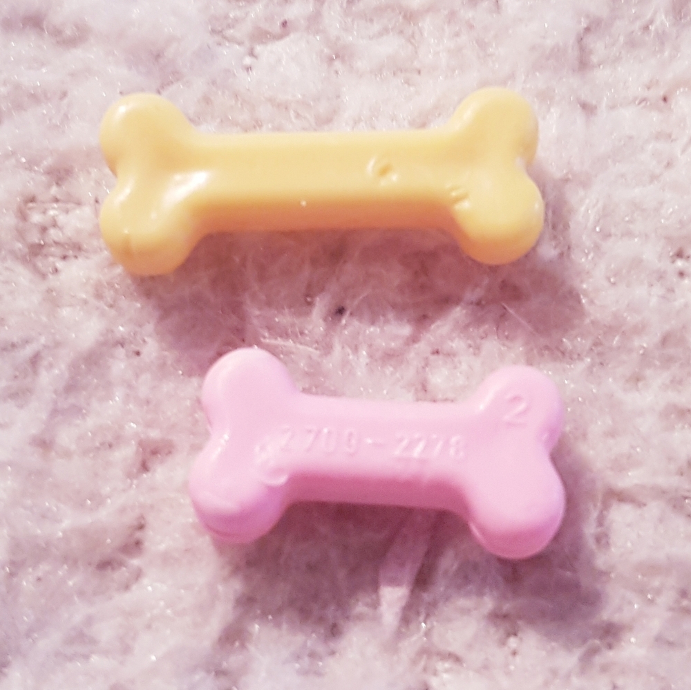 Two Barbie Doll Dog Bones Yellow Pink with Faux Phone Number Toy Accessories